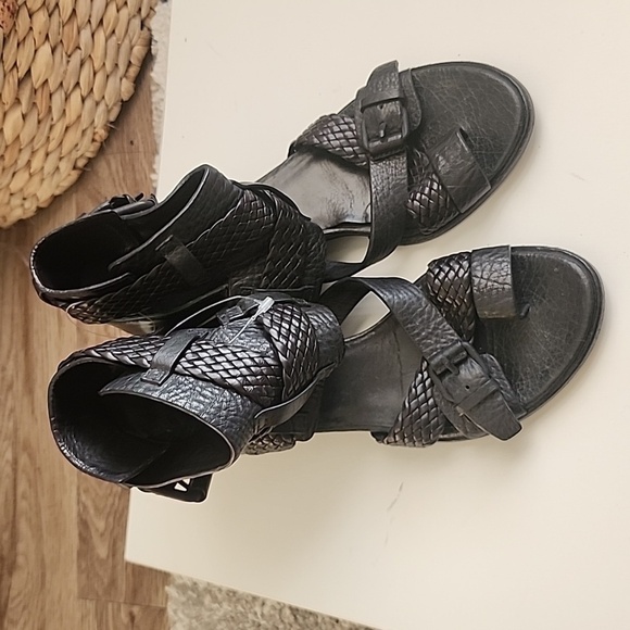 Alexander Wang Eva Woven Black Leather Toe Ring Wedge Sandals Summer Shoes - Picture 1 of 12
